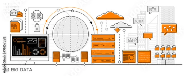 Obraz big data concept, cloud computing info graphic business line icon - flat design vector
