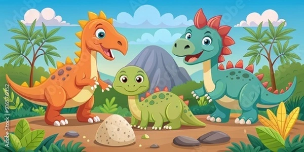 Fototapeta Adorable cartoon vector illustration of baby dinosaurs, including brontosaurus, velociraptor, triceratops, and tyrannosaurus, surrounded by prehistoric elements like eggs, leaves, and a volcano.