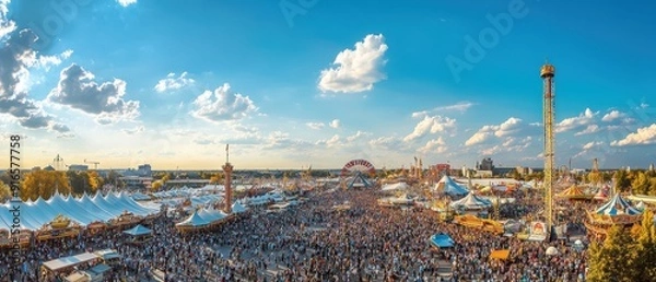 Fototapeta Panoramic view of Oktoberfest with sprawling tents
