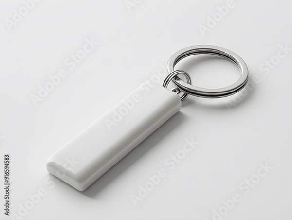 Fototapeta White keychain mockup placed on a plain white background, showcasing its smooth texture
