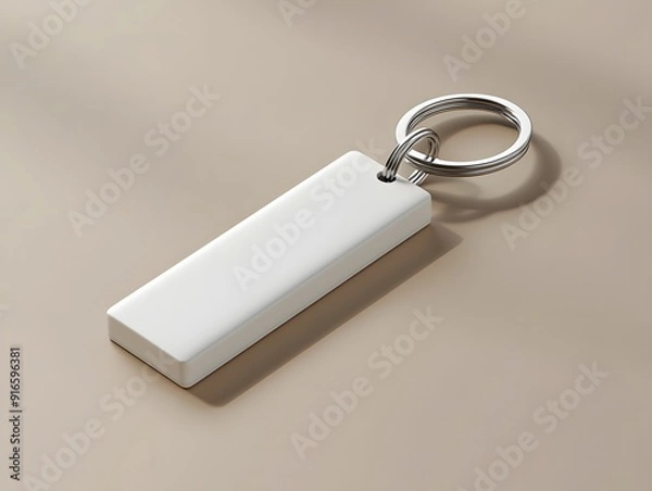 Fototapeta White keychain mockup shown with a slight tilt, placed on a neutral-colored surface