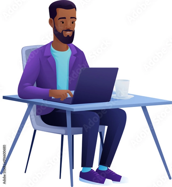 Fototapeta Man Using Laptop Computer Cartoon Illustration