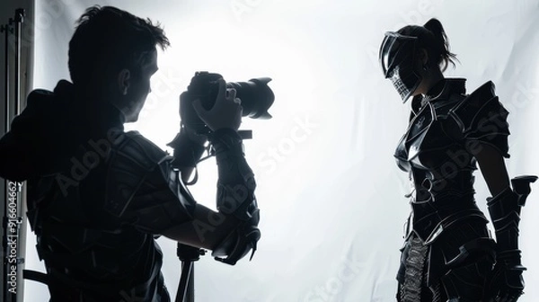 Fototapeta A photographer captures a model in dramatic armor, showcasing creativity and artistry in a studio setting with backlighting.