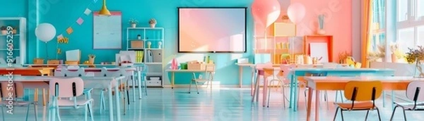 Fototapeta A vibrant autumn classroom with a projector showing creative craft ideas, students working on colorful decorations