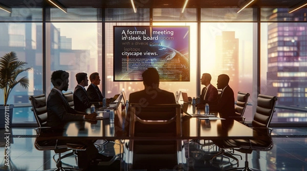 Fototapeta A formal business meeting in a sleek boardroom with a diverse group of executives discussing strategy, laptops open, and a large window offering cityscape views."