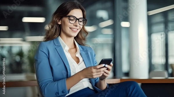 Fototapeta A happy business woman holding her phone and looking at it while sitting on an office desk.