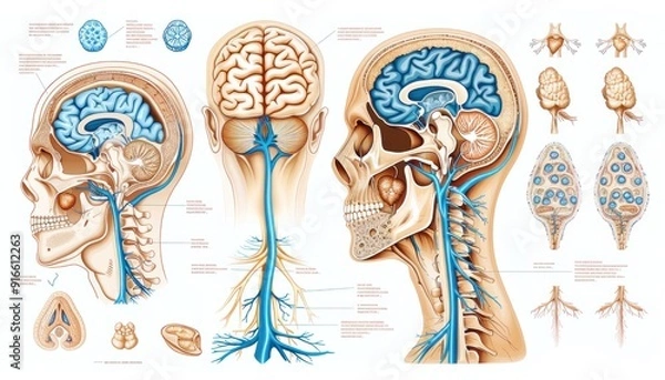 Fototapeta Human anatomy showing brain, skull and nervous system