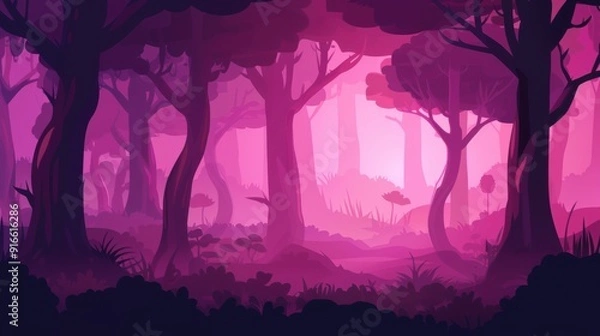 Fototapeta Pink cartoon forest background, dark, simple