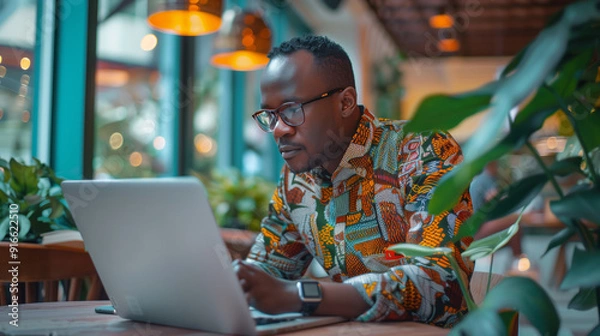 Obraz A man in casual attire, sitting at an open laptop on the table with his phone in hand and glasses