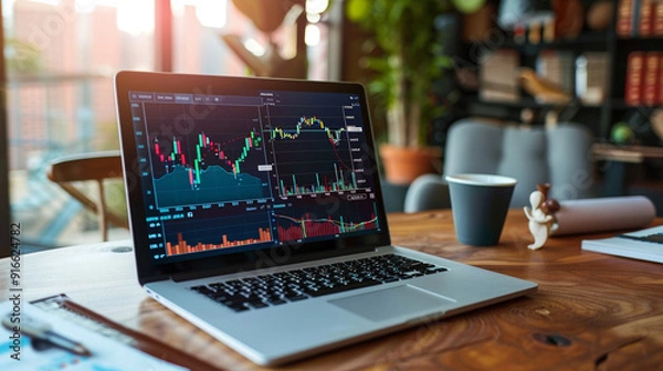 Obraz A sophisticated desk setup with a laptop displaying an investment portfolio dashboard, stock market graphs, and news feeds.