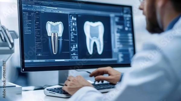 Fototapeta Dentist adjusting virtual dental implant on a computer screen, interactive software, precision and accuracy