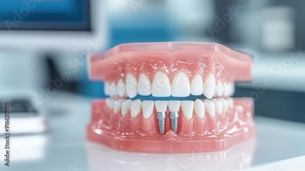 Fototapeta High-resolution display of dental implant mechanics on a computer, detailed 3D breakdown, futuristic dental lab