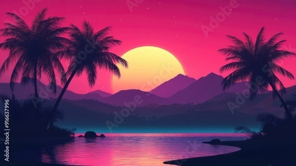 Fototapeta AI generation. Night and sunset neon colors, cyberpunk vintage illustration. Sun, mountains and palm trees, retro futuristic sci-fi.