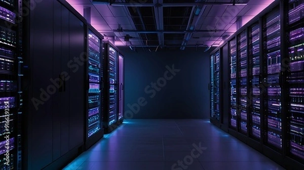 Fototapeta Illuminated Data Corridor: Blue and Purple LED Glow in High-Speed Server Facility for Cloud Computing. Generative Ai.