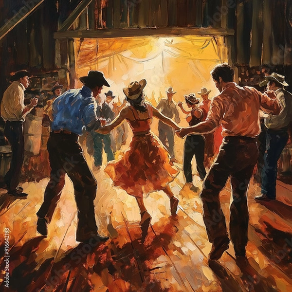 Obraz Group of people line dancing in a barn
