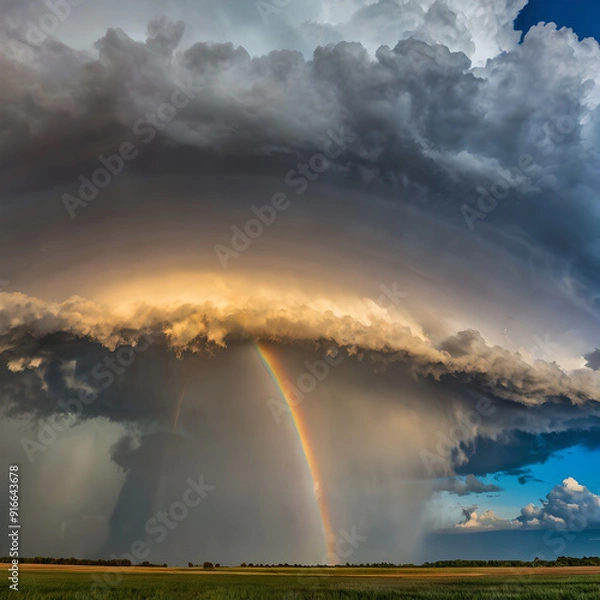 Fototapeta Vibrant rainbow arching over a colorful sky with clouds and a hint of sunset light. Generative Ai.