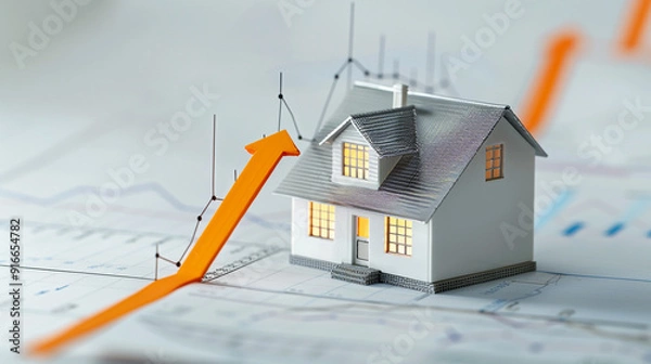 Fototapeta A small model house with a large orange arrow pointing upwards