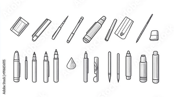 Obraz Collection of line art icons for art supplies with thin, editable strokes. Includes pens, markers, and sketchbooks.
