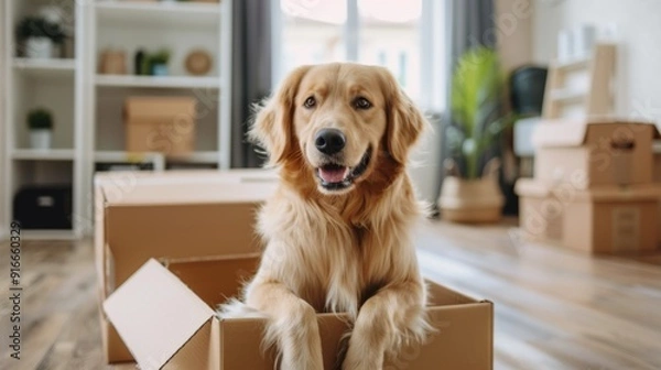Fototapeta Family with kids and pets moving to new home. Cute dog sitting in cardboard box. Moving to new home, packing and unpacking boxes, relocation, renovation, removals and delivery service concept