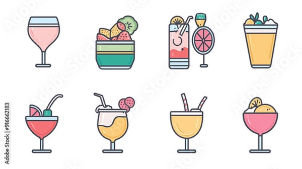 Fototapeta カラフルなカクテル＆ドリンクアイコンセット - 白背景に映えるスタイリッシュなデザイン | 飲食関連プロジェクトに最適