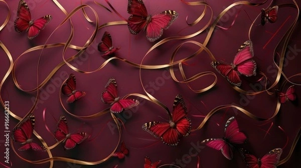 Fototapeta Refined 3D Abstract Design Featuring Vintage Crimson Red Butterflies Intertwined with Golden Ribbons, Set Against a Deep Burgundy Background