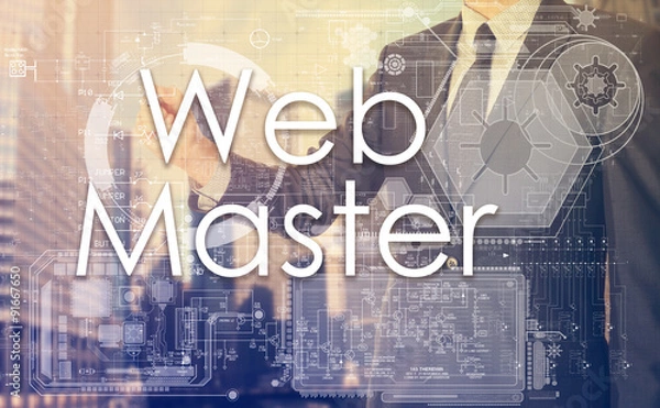 Fototapeta businessman writes on board text: Web Master - with sunset over