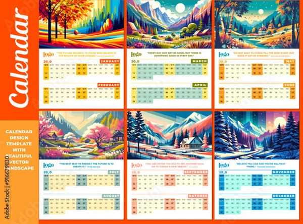 Fototapeta Calendar template featuring stunning Editable vector landscapes that beautifully capture the essence of each season. Perfect for digital or offset printing with true-to-life colors.