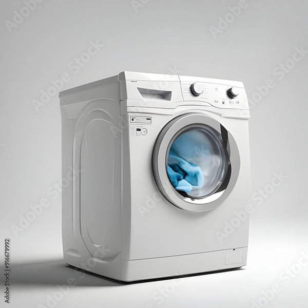 Fototapeta White machine washing with splashing water in drum minimalist household appliance white background

