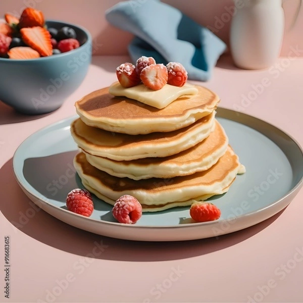 Fototapeta Breakfast Pancakes on a Modern Minimalistic Background. Elegant, food-themed illustration perfect for diverse projects, from culinary marketing to home decor