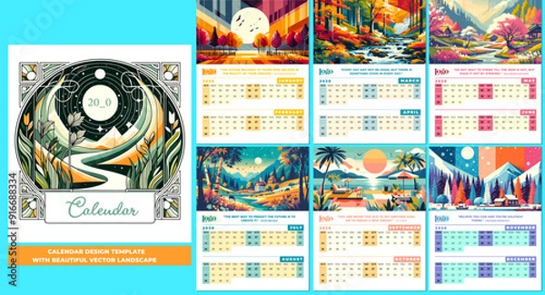 Fototapeta Calendar template featuring stunning Editable vector landscapes that beautifully capture the essence of each season. 