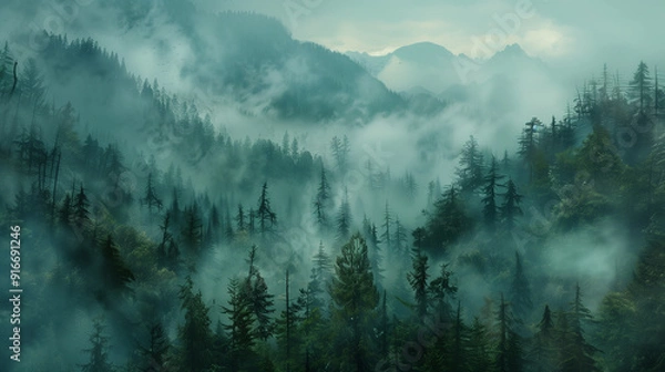 Fototapeta A foggy forest with lots of trees in the foreground and a lot of fog in the middle of the forest on the far side of the picture is a foggy sky.