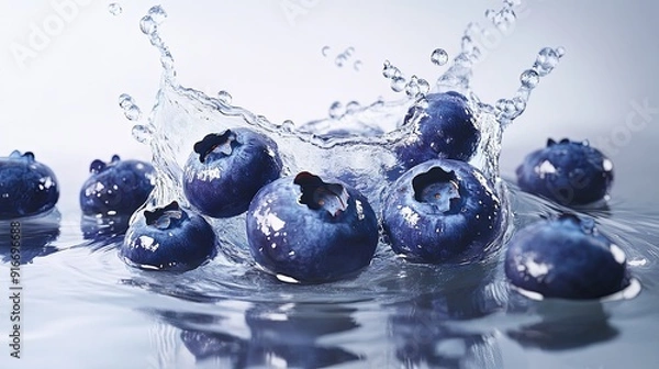 Fototapeta Bursting Blueberries: Close-up View of Fresh Blueberries Exploding with Water Spray on a Bright Clean Background, Surreal and Photorealistic Detail with High Resolution