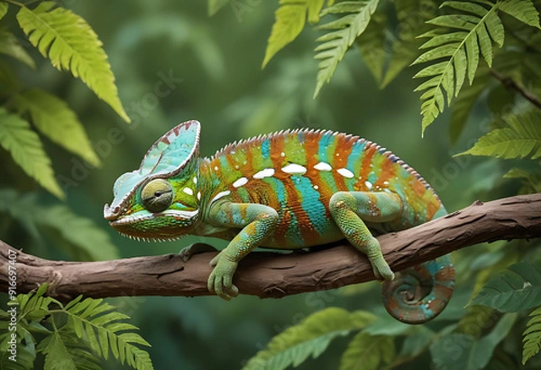 Fototapeta A chameleon showcases its incredible camouflage and Green chameleon on a branch
