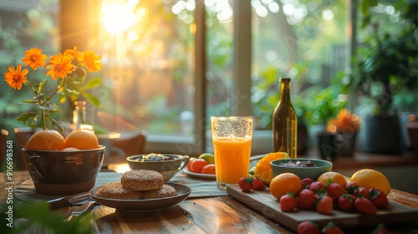 Fototapeta Luxurious breakfast on a modern kitchen table with fresh orange juice with sparkles of light.