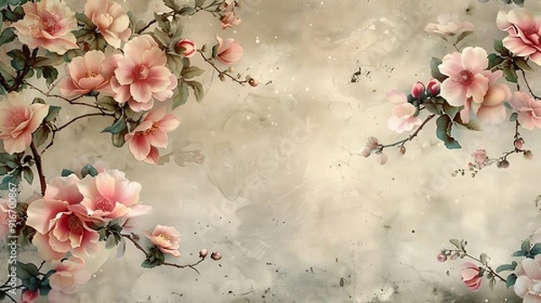 Fototapeta A timeless vintage wallpaper design showcasing orchids and camellias with intricate detailing. The floral details are depicted in soft, vintage colors with a delicately aged background,