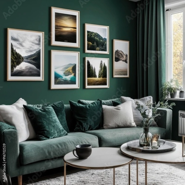 Fototapeta A living room with a green wall and a green couch. There are six framed pictures on the wall, including one with a mountain in the background. The room has a cozy and inviting atmosphere