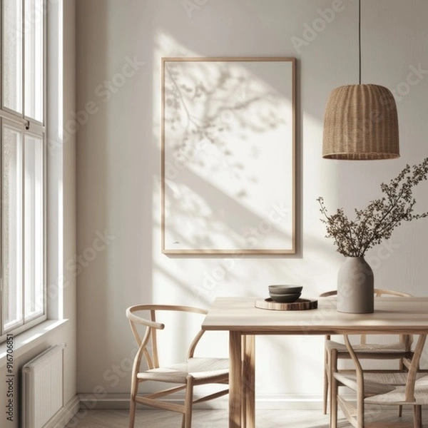 Obraz A white framed picture hangs on a wall in a room with a wooden table and chairs. The table is set with a bowl and a vase of flowers. The room has a simple and clean design
