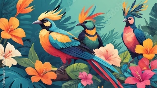 Fototapeta Graphic design with motifs of summer exotic birds in bright colors

