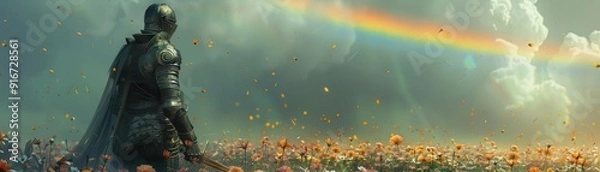 Fototapeta Knight in ethereal armor, standing in a field of flowers under a rainbow, a serene look