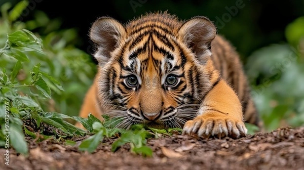 Fototapeta Little Tiger Cub Walking In A Zoo, Cute And Wild