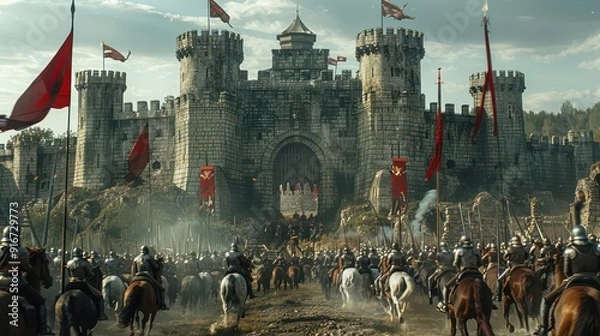 Fototapeta Siege with cavalry charging at castle gate, intense clash