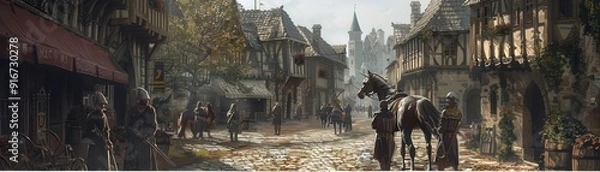 Obraz Warhorse in a medieval city, amidst cobblestone streets and old buildings