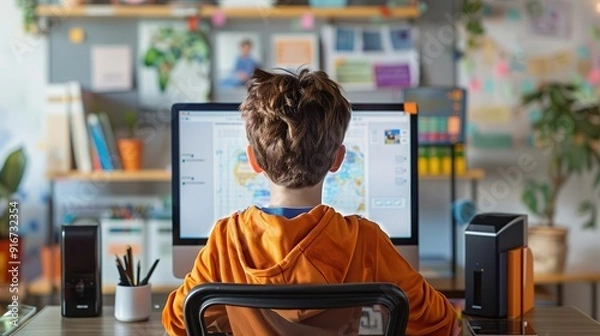 Obraz Student navigating digital classroom management system, interactive elearning software, structured virtual school routine