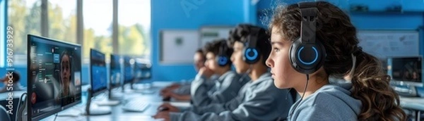 Obraz Teacher utilizing digital classroom management, students engaging with elearning software, structured virtual school routine