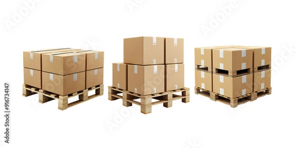 Fototapeta set brown boxes on wooden pallet, front view, white background