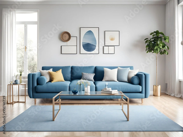 Fototapeta Bright home living room interior with blue sofa, glass coffee table with decoration, carpet on hardwood floor. Relax space with scandinavian design. 3D rendering