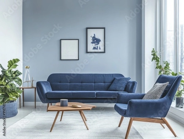 Fototapeta A blue sofa and two chairs sit in a living room with a blue wall. The room has a modern and clean look