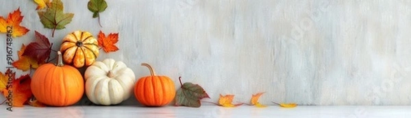 Fototapeta Assorted gourds on a pale background with scattered colored leaves, creating a vibrant fall scene 8K , high-resolution, ultra HD,up32K HD