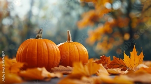 Fototapeta Seasonal autumn view with vibrant harvest pumpkins and a mix of fallen leaves, highlighting the beauty of fall 8K , high-resolution, ultra HD,up32K HD