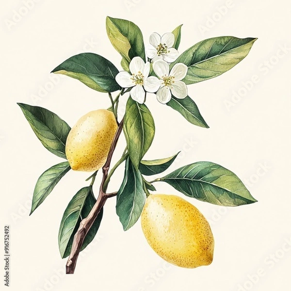 Fototapeta lemon branches with vibrant green leaves white flowers, Watercolor botanical illustration of The lemons are bright yellow, the branches are brown, the leaves are lush green, and the flowers are pure w